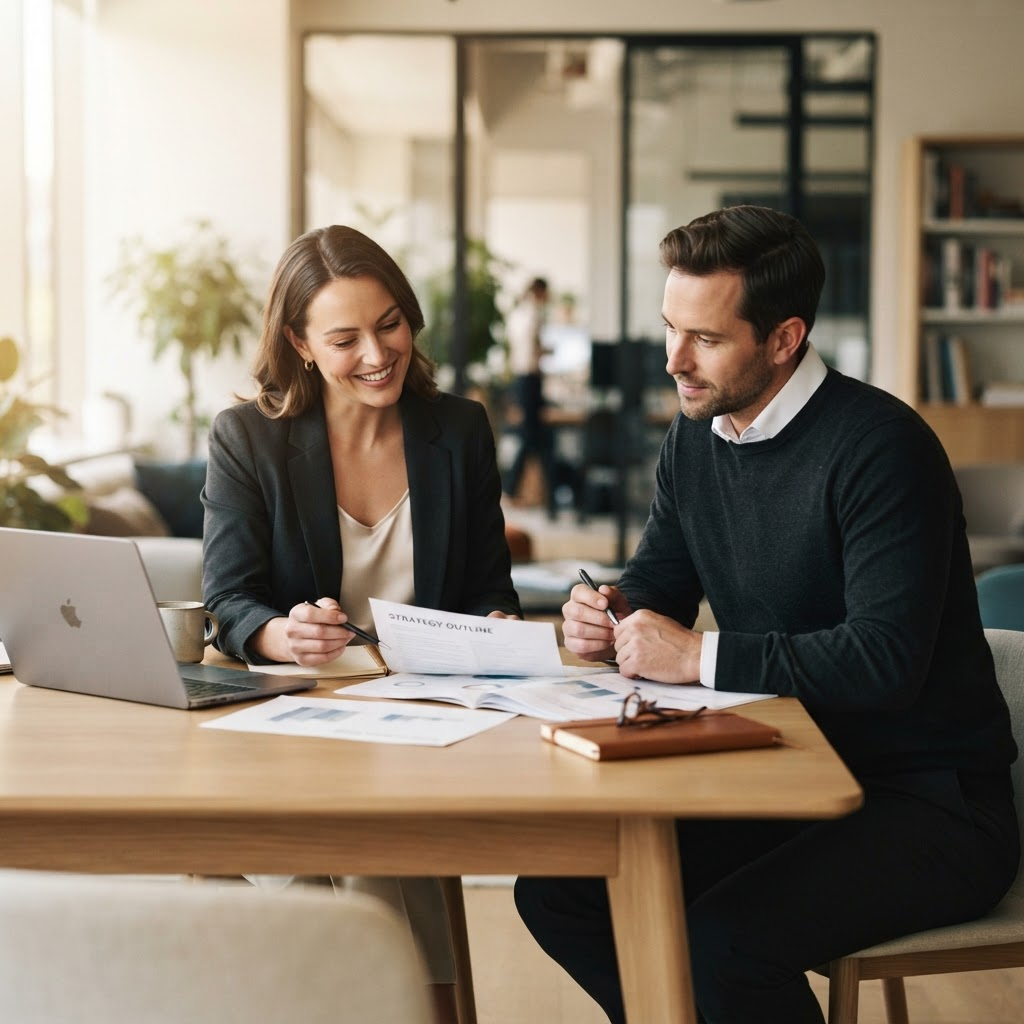 Consultants collaborating over documents at a table