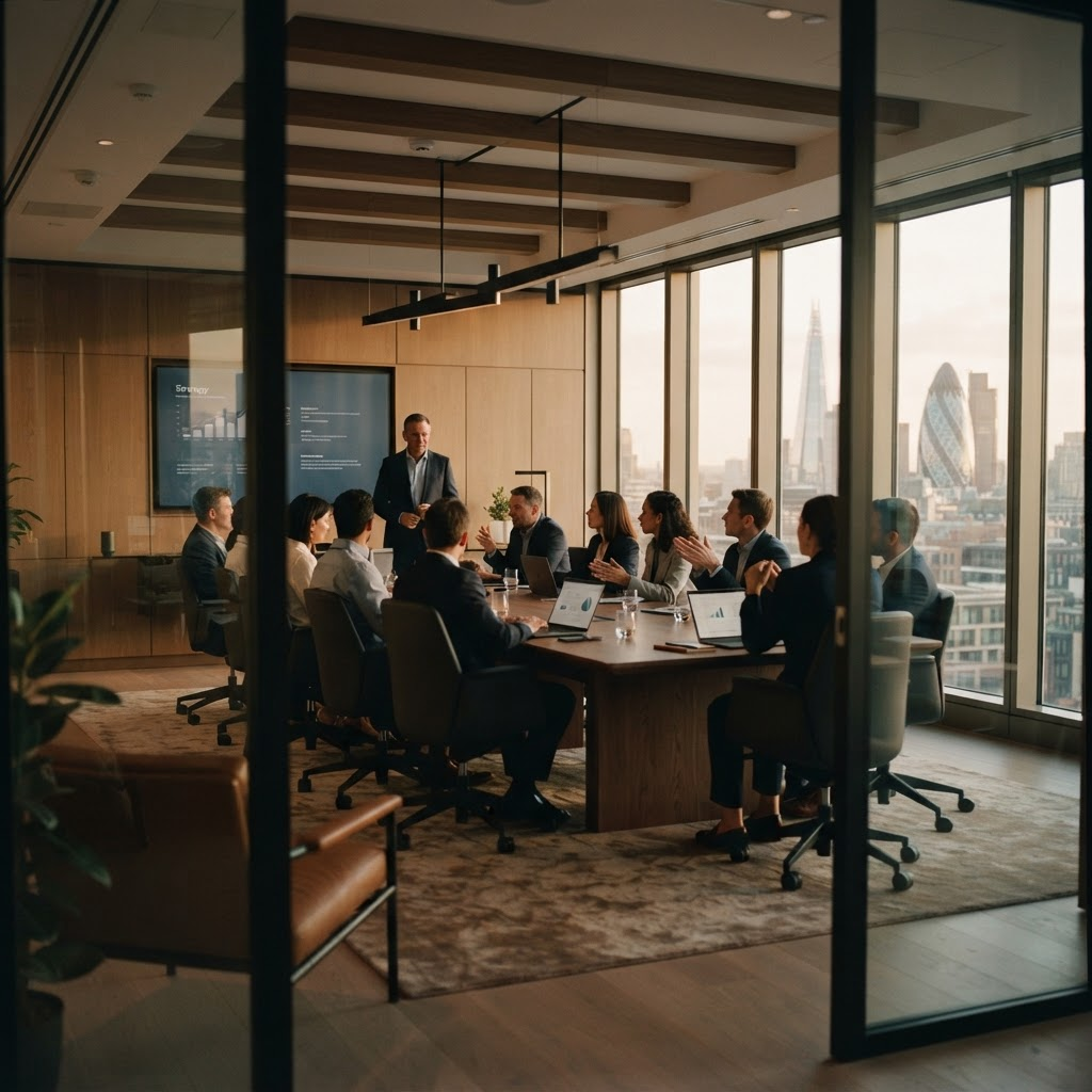 A leadership team collaborating in a modern boardroom